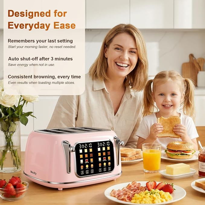 Mecity Toaster 4 Slice, Touch Screen Wide Slot Retro Toaster For Breads Bagel Muffin Waffle, House Warming Gift New Home, 120V 1650W, Pink Color
