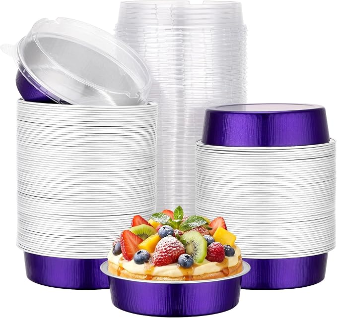 Beasea Mini Tart Pans with Lids, 120 Pack 7.3oz 4 Inch Disposable Cake Pans Aluminum Foil Pie Tart Baking Cups Tins Individual Dessert Containers Oven Dishes for Cheesecake - Violet Purple