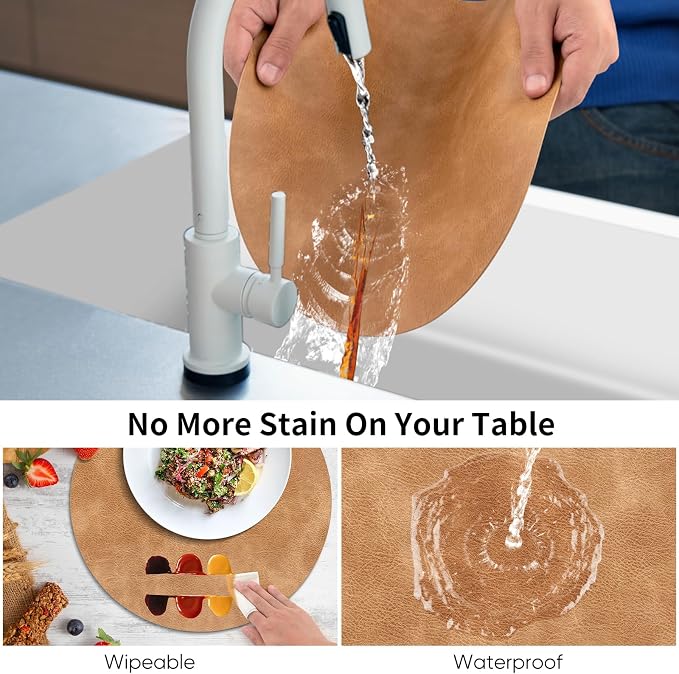 ADRIMER Placemats, Heat Resistant Round Placemats Set of 8 Washable, Waterproof Table Mats, Wipeable Faux Leather Place Mats for Kitchen, Dining Room, Camel