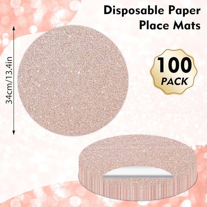 Tarklanda 100PCS Rose Gold Paper Placemats Disposable 13.4 Inch Round Glitter Paper Place Mat Decorative Shiny Table Mat for Birthday Wedding Holiday Party Sparkle Table Decor