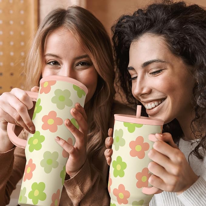 SANDJEST Daisy Tumbler with Handle 40oz, Floral Cup Stainless Steel Insulated Tumblers Coffee Travel Mug with Straw, Flower Cups Gifts for Women Girls Teens Birthday Christmas