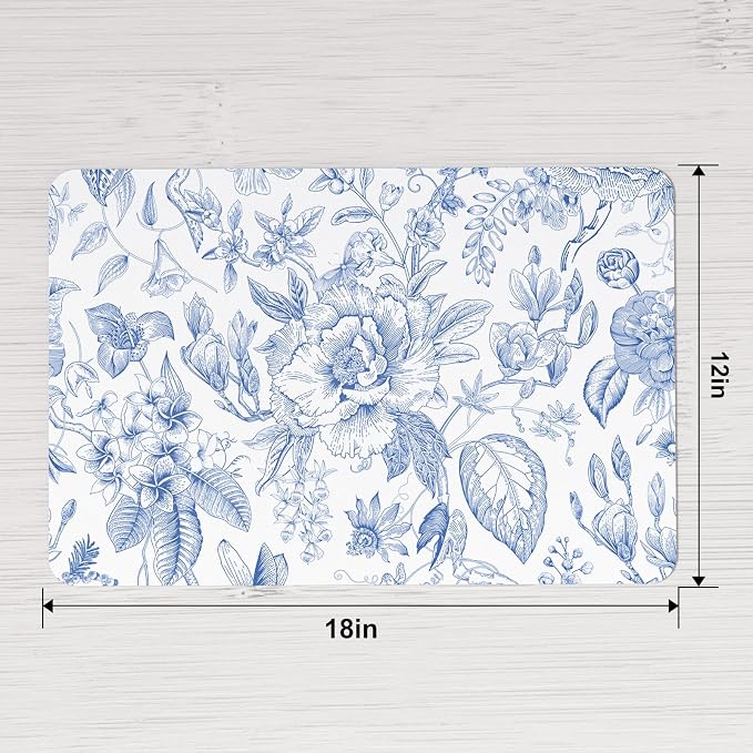 QIYI PU Leather Placemats Set of 6, 12"x18" Waterproof Table Mats, Toile | Faux Leather, Heat Resistant, Anti Slip, Wipeable Place Mats for Kitchen Dinning, Party Table Décor, Blue Flowers