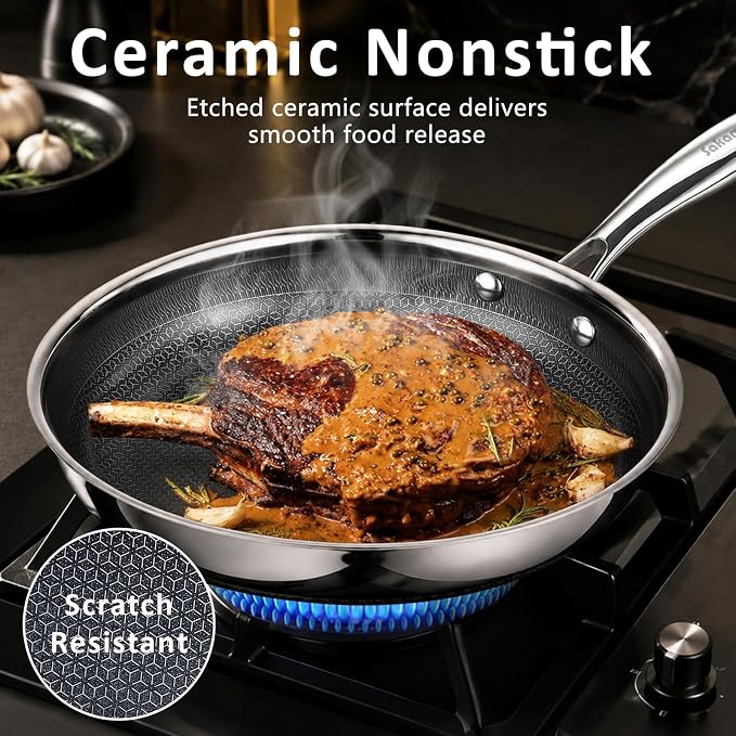 SAKAMOSH 11" Hybrid Nonstick Frying Pan,Stainless Steel, Induction Safe | PFAS/PFOA/PTFE-Free Ceramic Pan, Dishwasher & Oven Safe, Skillet WithStay-Cool Handle, Compatible with All Cooktops