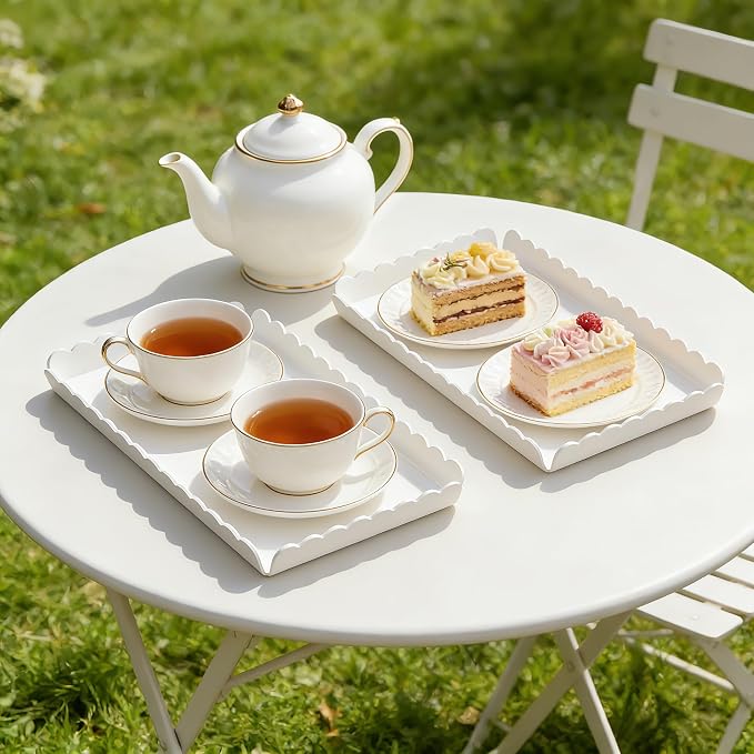 Acrylic Serving Trays 3 Pack, Glossy White Scalloped Acrylic Platters for Party Table Serving Food Cupcake Fruit, 12.9 x 7.1 Inch Reusable Catering Dessert Coffee Table Serving Tray for Wedding Event (Tray-White)