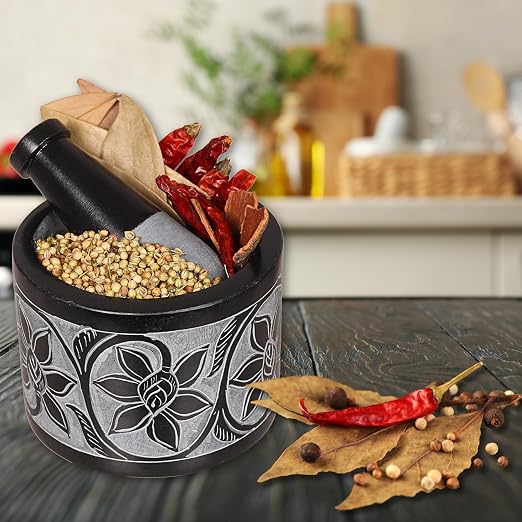 Mortar and Pestle, Made of Heavy Duty Polished Hard Stone, Natural Stone Grinder for Spices, Pastes, Herbs, Seasoning etc. (Ember)