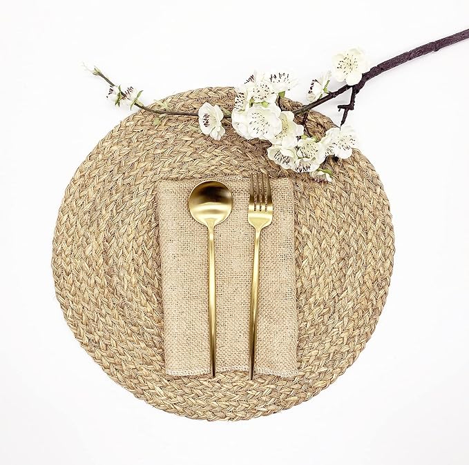Woven Placemats for Dining Table Set of 2, 100% Natural Straw, Rustic Round Placemats Farmhouse Table Mats Rattan Wicker Placemats Hand Braided Place Mats for Indoor Outdoor, 14.17“