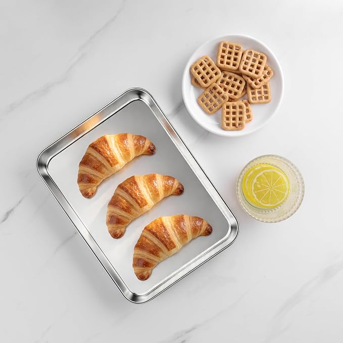 LIANYU Stainless Steel Tray for Baking, 9.2x7”Small Cookie Baking Sheet Pan | 2PCS Metal Cooking Sheet Tray for Oven, Rust Free & Mirror Finish, Dishwasher Safe, Heavy Duty, No Coating, Easy Cleaning