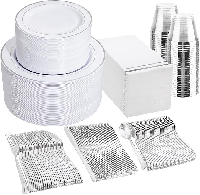 GATHER 700PCS Silver Plastic Plates 100 Guest for Wedding and Party | White and Silver Disposable Dinnerware Sets include 200 Plates, 300 Silverware, 100 Napkins, 100 Cups for Anniversary