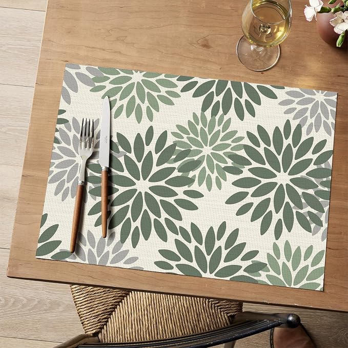 Artoid Mode Floral Vinyl Placemats Set of 4, 12x18 Inch Thanksgiving Washable Non-Slip Plastic Vinyl Place Mats for Party Kitchen Dining Decor, Olive Green