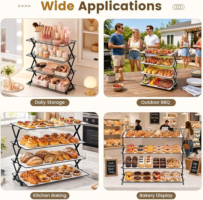 4 Tier Collapsible Cooling Rack for Baking Cookies Bread Barbecue | Include 50 Baking Papers, 4-Level Adjustable Height, 3 Setting Design, Stackable Roasting Rack, X-Shaped Structure