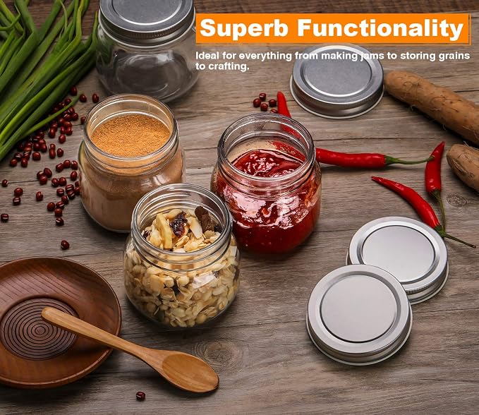 Rainforce Mason Jars 8 oz 30 Pack Small Glass Caning Jars with Silver Lids | 1/4 Quart canning jars regular mouth with 20 labels,1 pen.For food storage,meal prep,jelly,jam,honey,pickles,spice glass jars