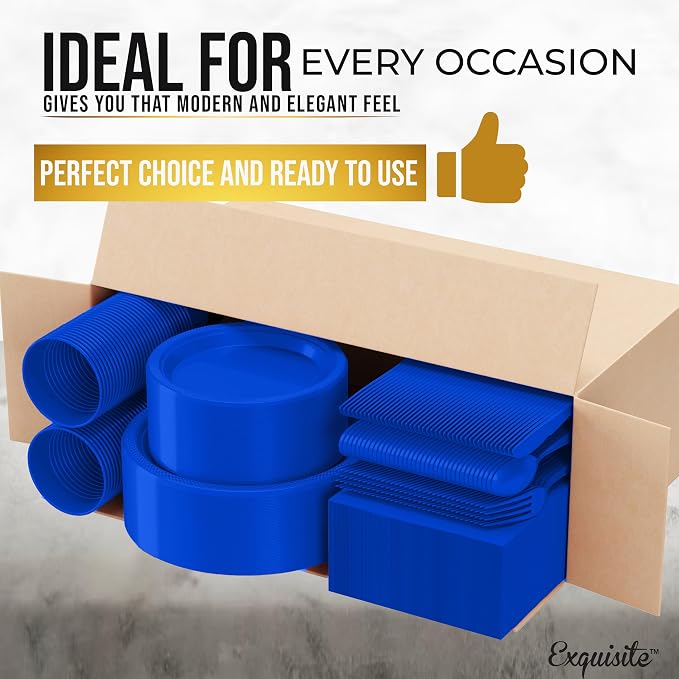350 Pcs Dark Blue Plastic Plates For Party, Dark Blue Disposable Plates Set, 50 Of Each 9" Dinner Plate Set, 7" Dessert Plate, Cups, Napkins & Cutlery Plastic Dinnerware Set Exquisite