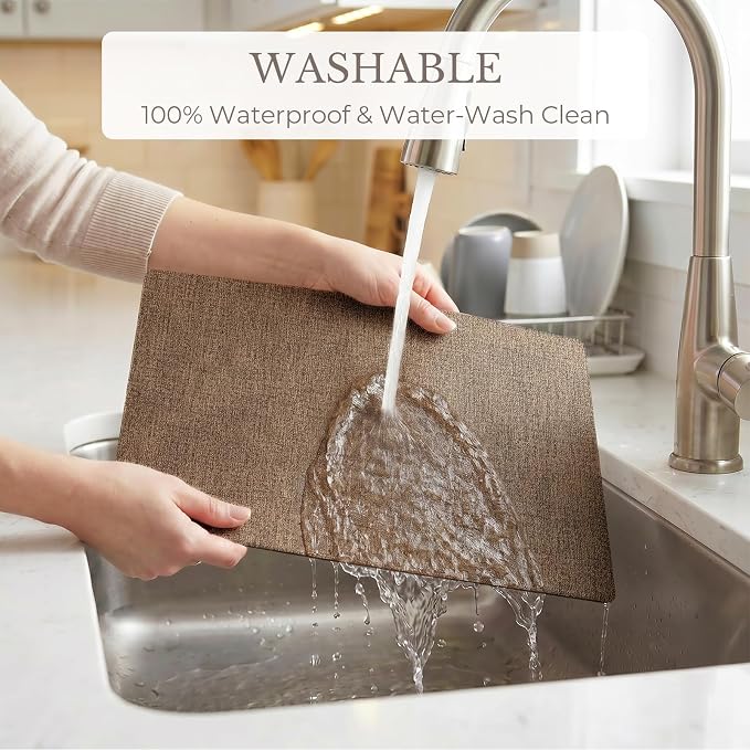 Romanstile Vinyl Placemats Set of 8-12 X 17 Inch - Faux Leather 100% Waterproof Wipeable Anti Slip Place Mats, Heat Resistant Reversible PU Table Mats for Kitchen Dining Party Outdoor, Brown