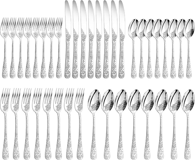 40 Pcs Silverware Set for 8, Food Grade Stainless Steel Flatware Set, Eating Utensils Sets Include Fork/Knife/Spoon, Reusable Cutlery Set for Home Kitchen, Dishwasher Safe, Embossed pattern-1