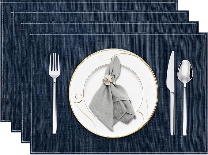 Dark Blue Placemats Set of 4, 12x18 Inch Washable Easy to Clean Heat-Resistant Anti-Skid Navy Blue Placemats for Holiday Party Kitchen Dining Room Decoration