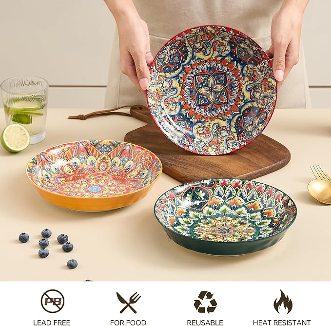 Ceramic Pasta Bowls Set of 6-8 inch 30 oz Serving Bowls, Colorful Dinner Bowls for Soup,Salad, and Pasta, Kitchen, Microwave, Dishwasher Safe, mexican, Bohemian Style