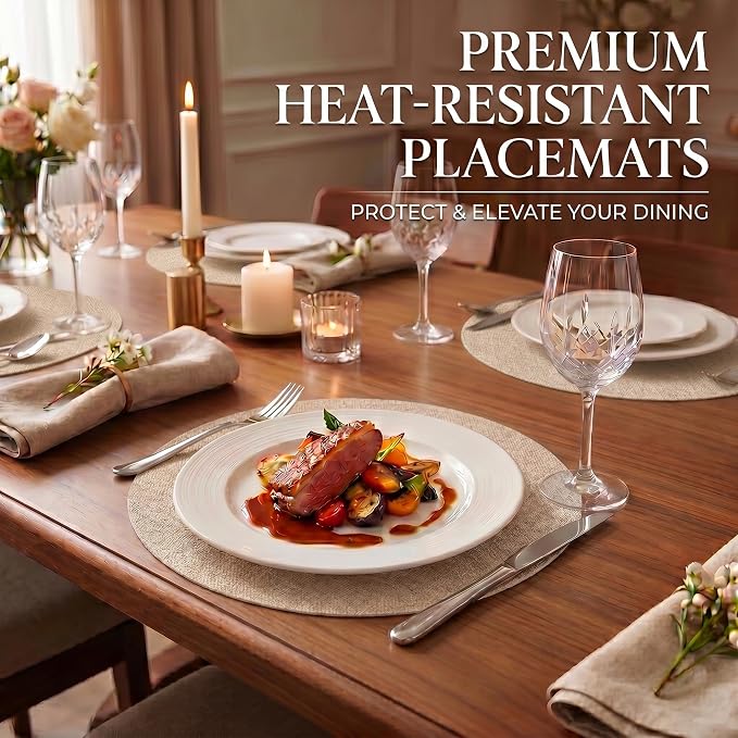 Faux Leather Placemats Set of 4, Wipeable Waterproof Stain Resistant Table Mats, Heat Resistant Thick Placemats with Hand-Painted Edges for Kitchen Dining, Imitative Linen Texture, Various Shapes