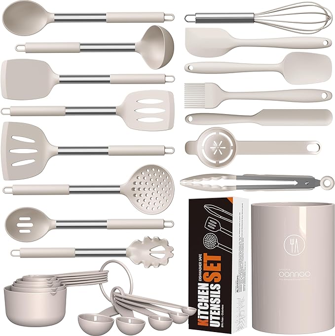 oannao Large Silicone Cooking Utensils Set - Heat Resistant Kitchen Utensils,Turner Tongs,Spatula,Spoon,Brush,Whisk,Stainless Steel Cooking Tool for Nonstick Cookware,Dishwasher Safe (Khaki)