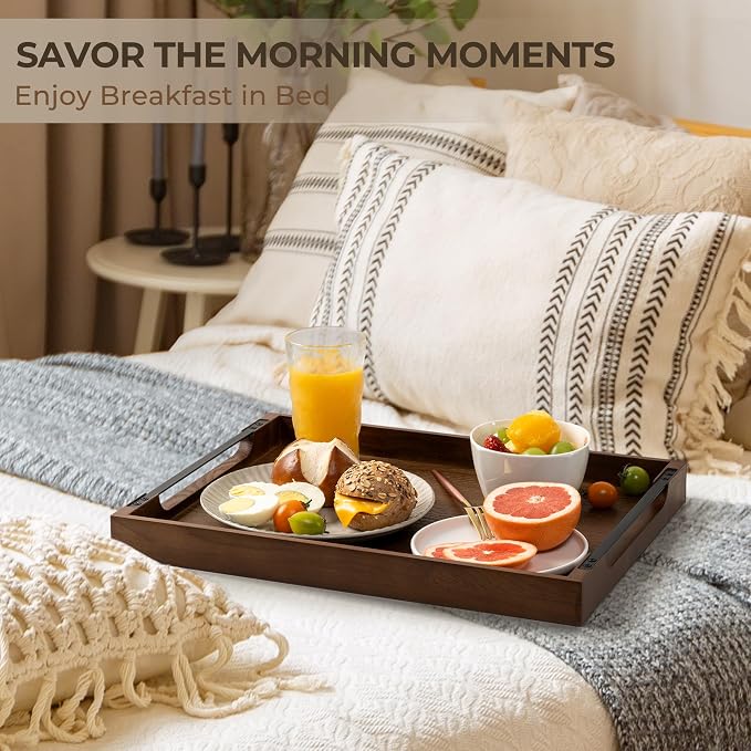 Wooden Serving Tray with Metal Handles|Ottoman Tray for Breakfast, Bed, Couch|17x13in Ash Wood Coffee Table Trays|Food Drinks Decorative Storage Boards for Ottoman Kitchen, Walnut