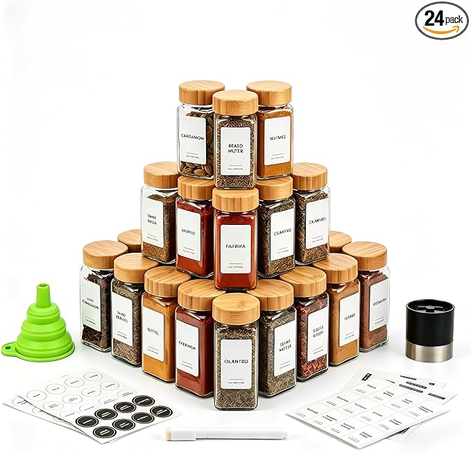 Spice Jar Set, 24 Pcs 4oz Glass Spice Jars with Labels and Bamboo Lids, Square Spice Bottles with Shaker Lids for Cabinet, Drawer, Pantry and Spice Rack Organization