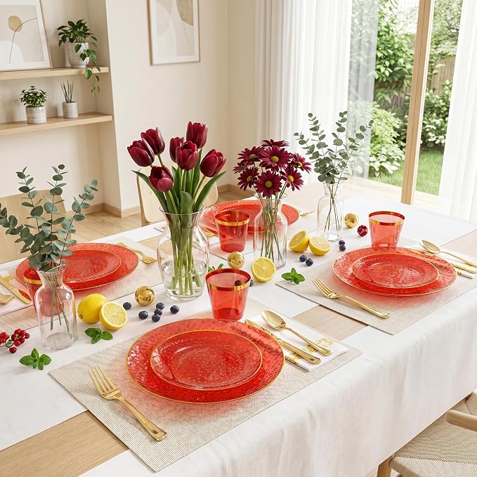 Rubtlamp 175 Pcs Plastic Dinnerware Set (25 Guests), Red And Gold Plastic Plates, Hammered Party Plates Set Include Dinner Plates, Dessert Plates, Cups, Cutlery Set And Napkins for Wedding And Party