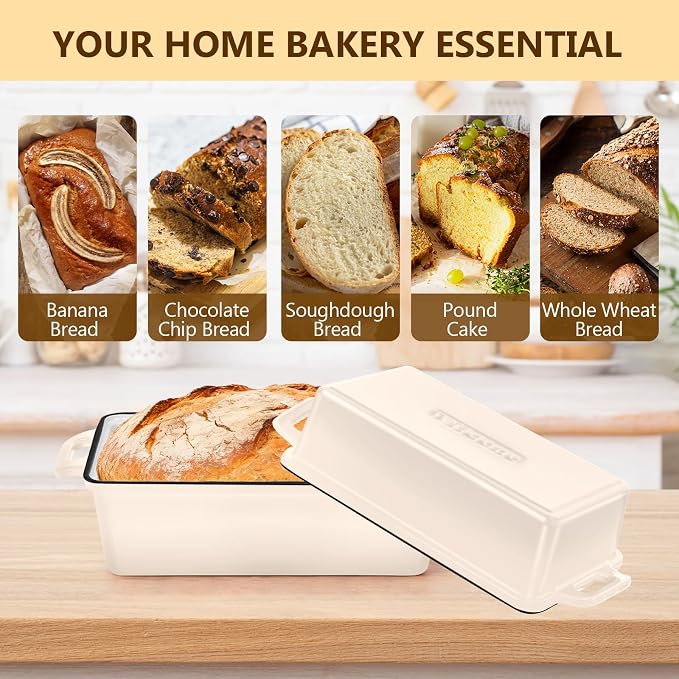 Wildone 2 in 1 Enameled Cast Iron Bread Pan with Lid, 9x5 Loaf Pans for Homemade Sourdough Bread, Cake, Meatloaf, Even Heating Bread Dutch Oven, Cream White