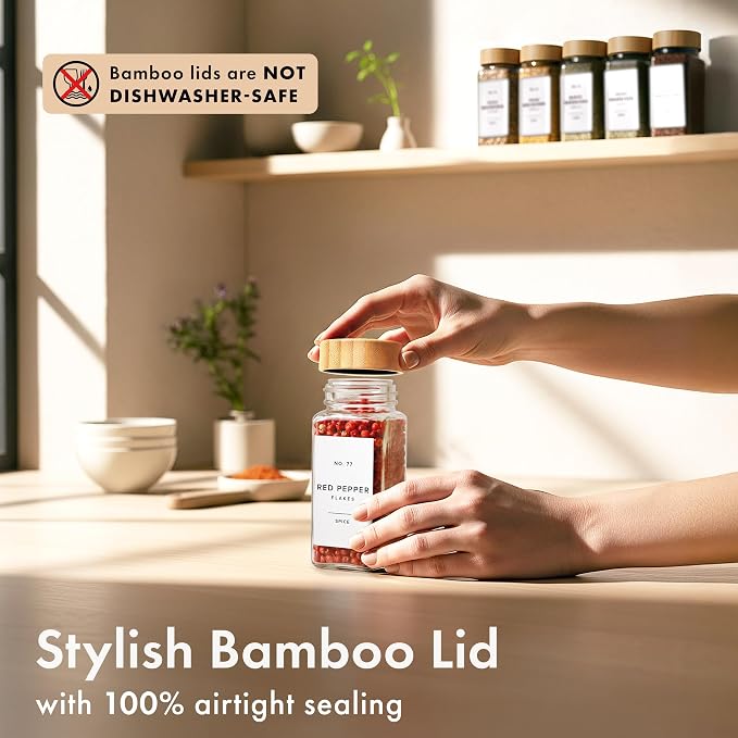 Glass Spice Jars with Label, 24x Bamboo Wooden Lids - White Labels | Airtight Lids keep spices fresh, Kitchen Spice Drawer Organizer, 4oz Seasoning Containers incl. Funnel, Brush & 240 Labels