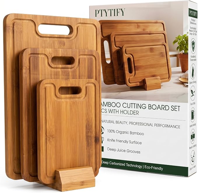 Bamboo Cutting Board Set with Holder, 3 Piece Carbonized Wood Chopping Boards for Kitchen, Charcuterie Board & Serving Tray with Juice Groove, Kitchen Gift Set with Gift Box for Housewarming