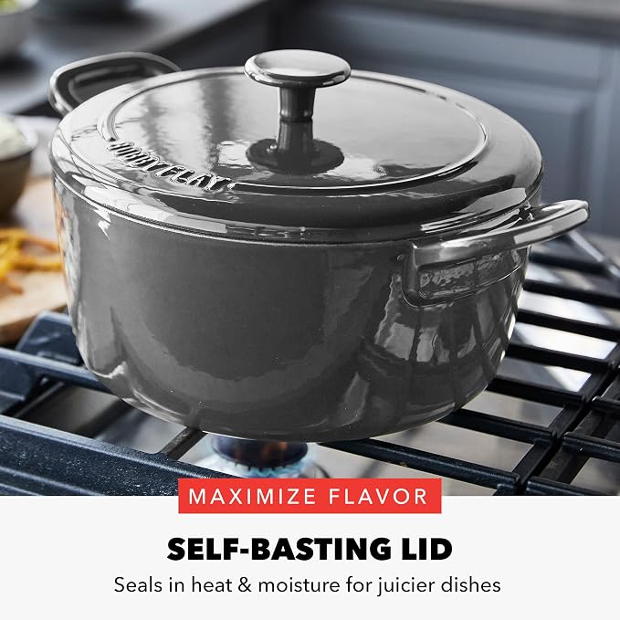 GreenPan x Bobby Flay 5.5QT Enameled Cast Iron Dutch Oven With Lid, Slate | Casserole Pot for Braising, Stews, Bread Baking & Searing, Self-Basting Lid, Induction Ready, Oven Safe To 500, Gold Lid Knob