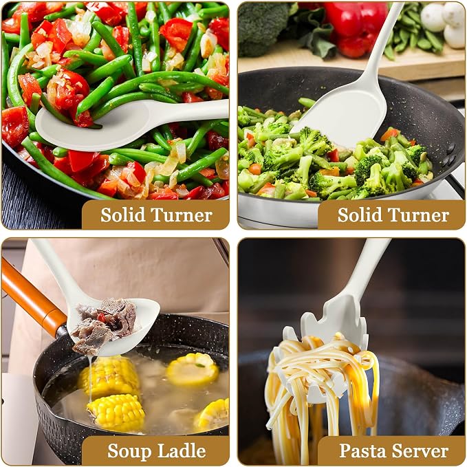 LIANYU 8Pcs Kitchen Cooking Utensils Set, Nonstick Silicone Utensil Sets | Heat Resistant Kitchen Gadgets Essentials for Nonstick Cookware, with Spatula, Spoon, Tuner, Ladle, Dishwasher Safe, White