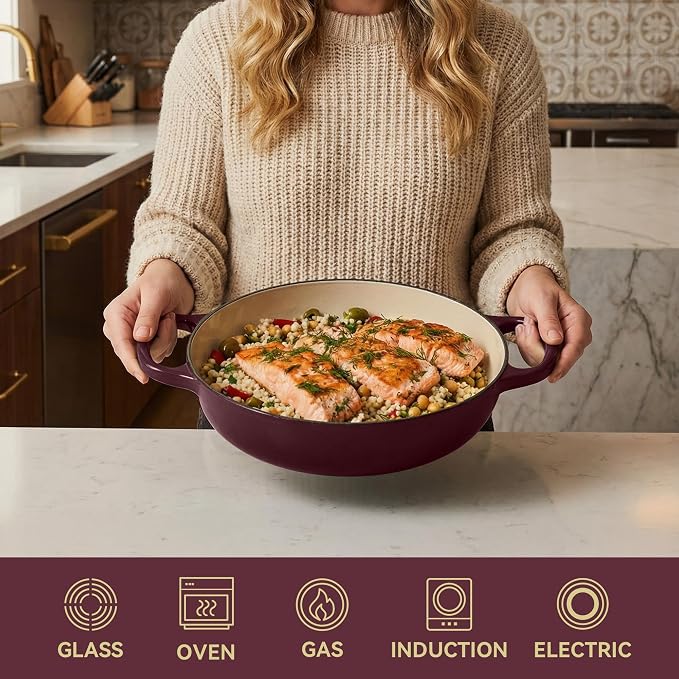 3 Quart Enameled Cast Iron Braiser, Non Stick Enameled Cast Iron Skillet with Lid, Dutch Oven Skillet with lid up to 500°F for Oven, Stove, Grill, Shallow Dutch Oven for Cook, Bake (Fig)