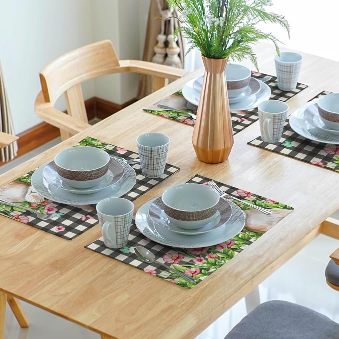 Buffalo Plaid Bunny Placemat Set of 4 12 x 18 Inch Pink Flowers Butterfly Farmhouse Linen Fabric Table Mats Outdoor Spring Seasonal for Party Kitchen Dining