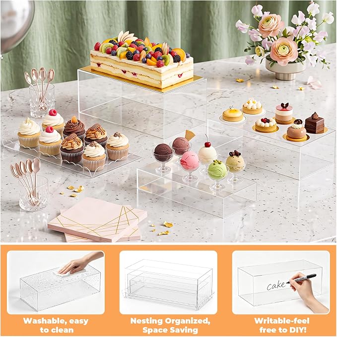 Buffet Risers, 4PCS Clear Acrylic Food Risers for Party Table, Rectangle Dessert Display Stands with Hollow Box for Drink Catering Supply, Scalloped Acrylic Tray for Cupcake Fruits