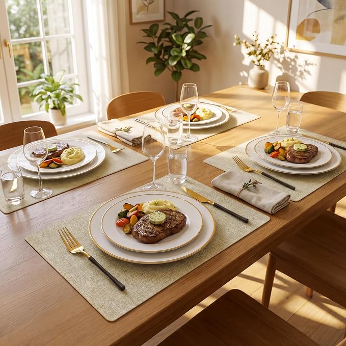 Romanstile Vinyl Placemats Set of 12-12 X 17 Inch - Faux Leather 100% Waterproof Wipeable Anti Slip Place Mats, Heat Resistant Reversible PU Table Mats for Kitchen Dining Party Outdoor, Beige