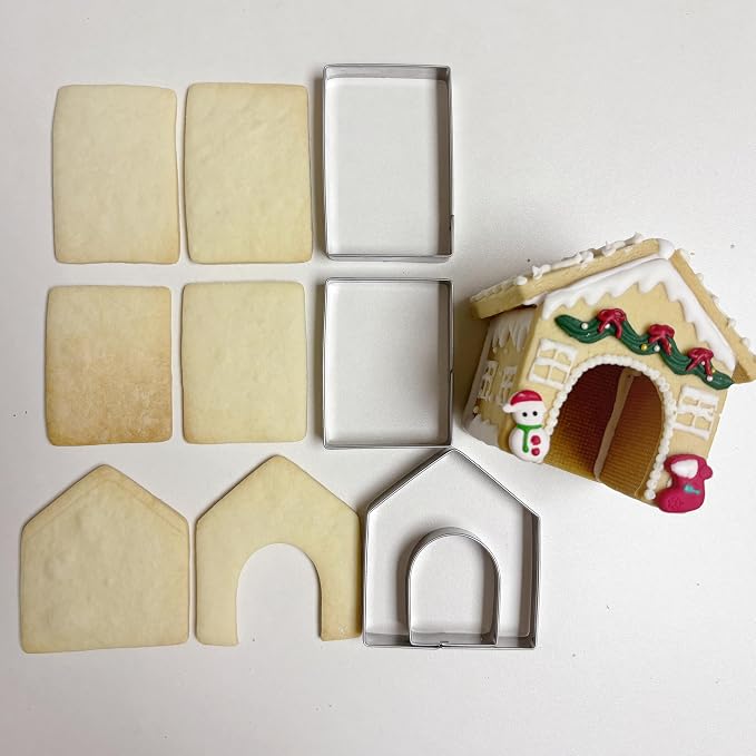 MrCookie Large Gingerbread House Cookie Cutters,8pc Sturdy Stainless Steel. | Food-grade thickened stainless steel,sturdy for Christmas baking. 2 Gingerbread house sizes,PET box &Recipe Instruction.