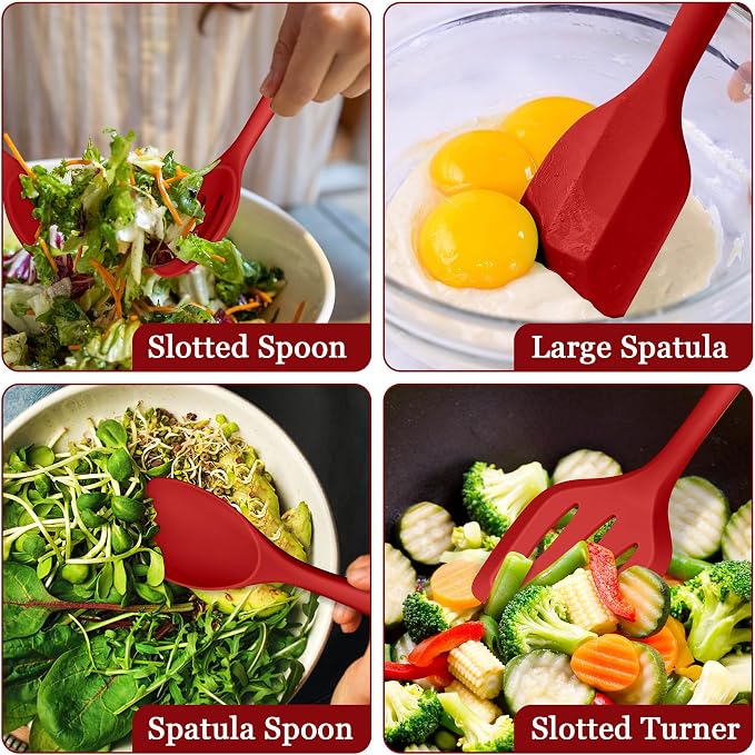 LIANYU 8Pcs Kitchen Cooking Utensils Set, Red Silicone Spatula Utensils | Metal Core, Non-Toxic Cooking Gadgets Tools for Non-stick Cookware, Heat Resistant & Dishwasher Safe