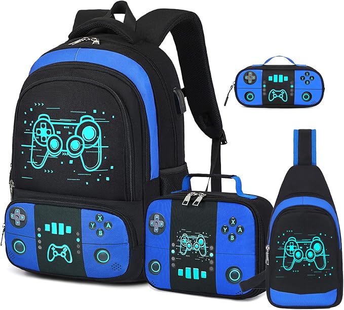Backpack for School Boys, Cool Luminous Gamer Boys Schoolbag | with Lunch Box & Pencil Case Set for Kids Teens Elementary Middle School, Bookbag Glow In The Dark