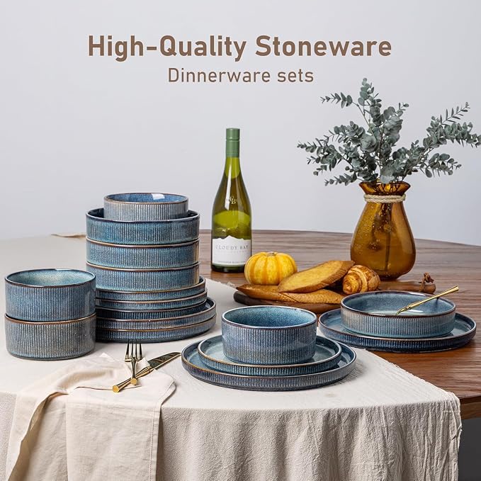 GBHOME Stoneware Dinnerware Sets for 4, 12-Piece Plates and Bowls Set | Handmade Reactive Glaze Ceramic Dish Set, Scratch Resistant, Dishwasher&Microwave Safe,Ceylon Blue