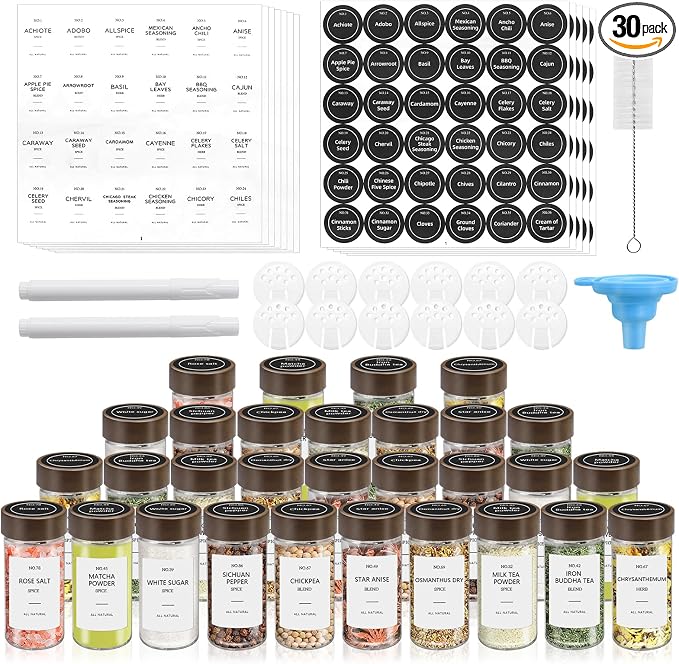 VIBRATITE 30 Pack 4 oz Round Glass Spice Jars with Acacia Lids and Labels | Shaker Lids, Pen, Funnel, Brush Included, Airtight Storage, Quick Identification, Seasoning Prep, Kitchen Pantry Organization