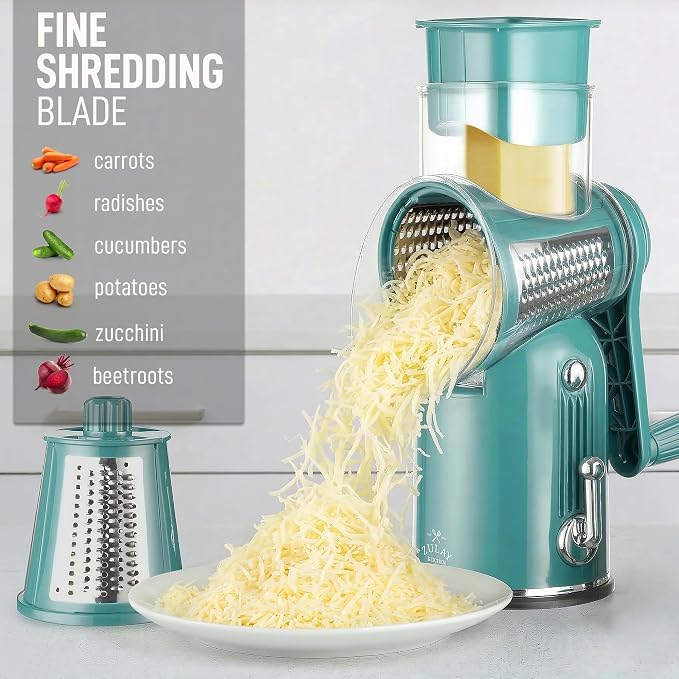Zulay Kitchen Rotary Cheese Grater 5 Blade Cheese Shredder - Manual Hand Crank Cheese Grater With Reinforced Suction & 5 Interchangeable Drums - Easy to Use, Vegetable Chopper Round Mandoline Slicer