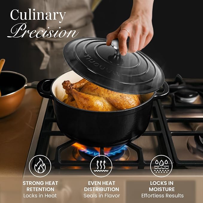 Cast Iron Dutch Oven with Lid-Non-Stick Ovenproof Enamelled Casserole Pot- Sturdy Dutch Oven Cookware - Black, 7.3- Quart, 30cm- by Nuovva