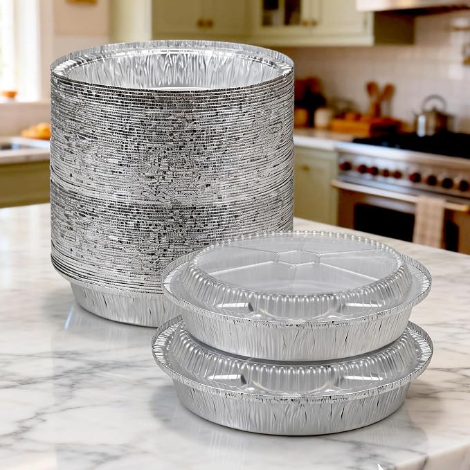 50 Pack 9" Round Aluminum Pans with Clear Lids, Pie Tins Disposable Foil Pans with Lids, Take Out Containers, Freezer Oven Safe Aluminum Baking Pans for Storing, Baking, Meal Prep & Reheating