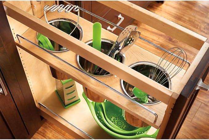 Rev-A-Shelf Pullout Organizer w/Soft-Close, Min Cabinet Opening 8.5" W | 8.75" W Slide Out Pantry Spice or Utensil Storage Rack w/BLUM Soft-Close & Adjustable Shelves for Base Cabinet, 448UT-BCSC-8C