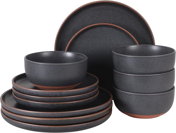 Gibson Elite Abbey Circle 12 Piece (Service for 4) Plates and Bowls Reactive Matte Glaze Dishes Stoneware Ceramic Dinnerware Set - Navy Blue