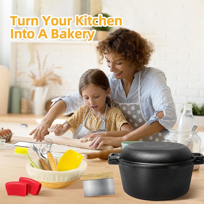 Pre-Seasoned Cast Iron Dutch Oven Pot with Skillet Lid, 5 Qt | 2-in-1, Evenly heated, Includes Proofing Basket Sourdough Starter Kit, For Bread Baking, Camping, Frying and Braising
