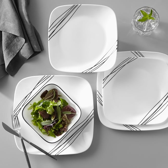 Corelle Vitrelle 18-Piece Service for 6 Dinnerware Set Triple Layer Glass and Chip Resistant, Lightweight Square Plates and Bowls Set, Simple Sketch
