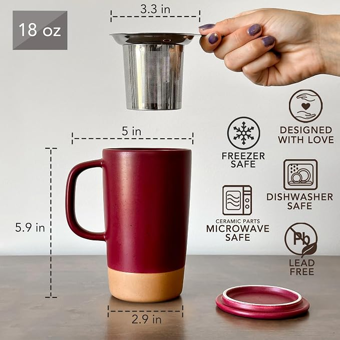 Mora Ceramics Large Tea Mug with Loose Leaf Infuser and Ceramic Lid, 18 oz, Portable, Microwave and Dishwasher Safe, Tall Coffee Cup - Rustic Matte Ceramic Glaze, Modern Herbal Tea Strainer, Merlot