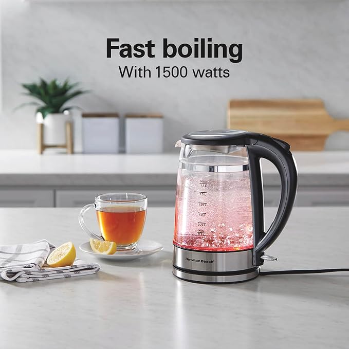Hamilton Beach Double Wall 1.7L Electric Tea Kettle, Water Boiler & Heater | Fast Boiling 1500 Watts | BPA Free | Cordless Serving | Auto-Shutoff & Boil-Dry Protection | Color Change LED | Clear Glass