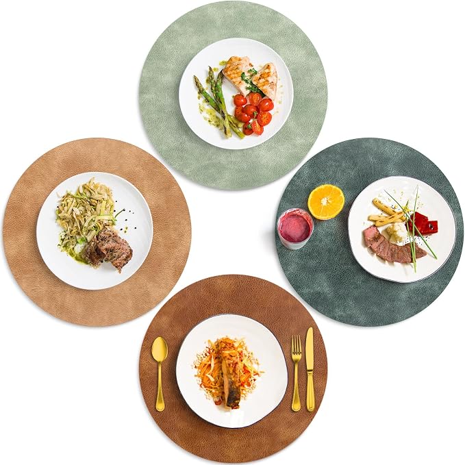 ADRIMER Placemats, Heat Resistant Round Placemats Set of 4 Washable, Waterproof Table Mats, Wipeable Faux Leather Place Mats for Kitchen, Dining Room, Turmeric Brown+Light Brown+Green+Blue