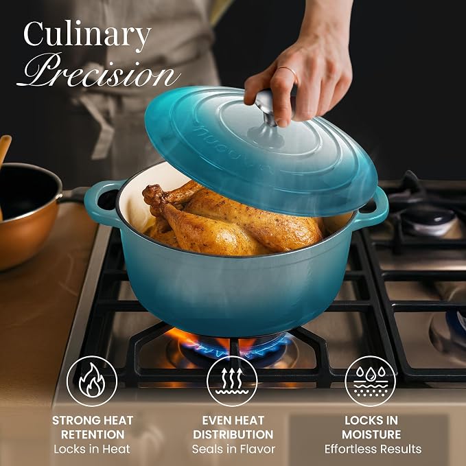 Nuovva Enamelled Cast Iron Dutch Oven Pot with Lid-6.4 Quart Non Stick Casserole Pot-Heavy Duty & Oven Safe up to 500° F for Bread Baking, Braising, Stews, Roasting - 28cm Teal